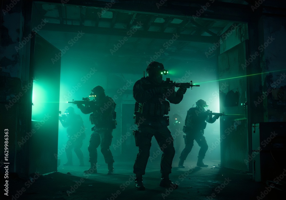 Spec Ops Team Special Forces Team with Night Vision and Laser Sights, an intense and ...