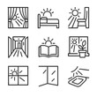 © Настя Шевчук - Indoor Sunlight Icon Set. Outline icon set of sunlight warmth indoors: curtain light, bed with sun, chair in light, sunny hallway,