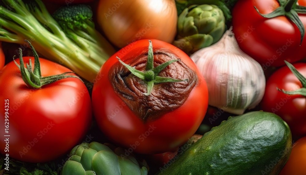 fresh vegetables with a single rotten tomato in the center symbolizing ...