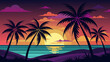 © laxmidesign - Vector art of vibrant sunset over the ocean with silhouetted palm trees on a tropical beach, reflecting in the calm water, creating a picturesque evening paradise scene
