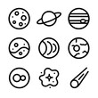 © Coosh448 - Astronomy Icon Grid. Outline icon set of telescope targets: full moon, Saturn rings, Jupiter bands, Mars surface, Venus phases,
