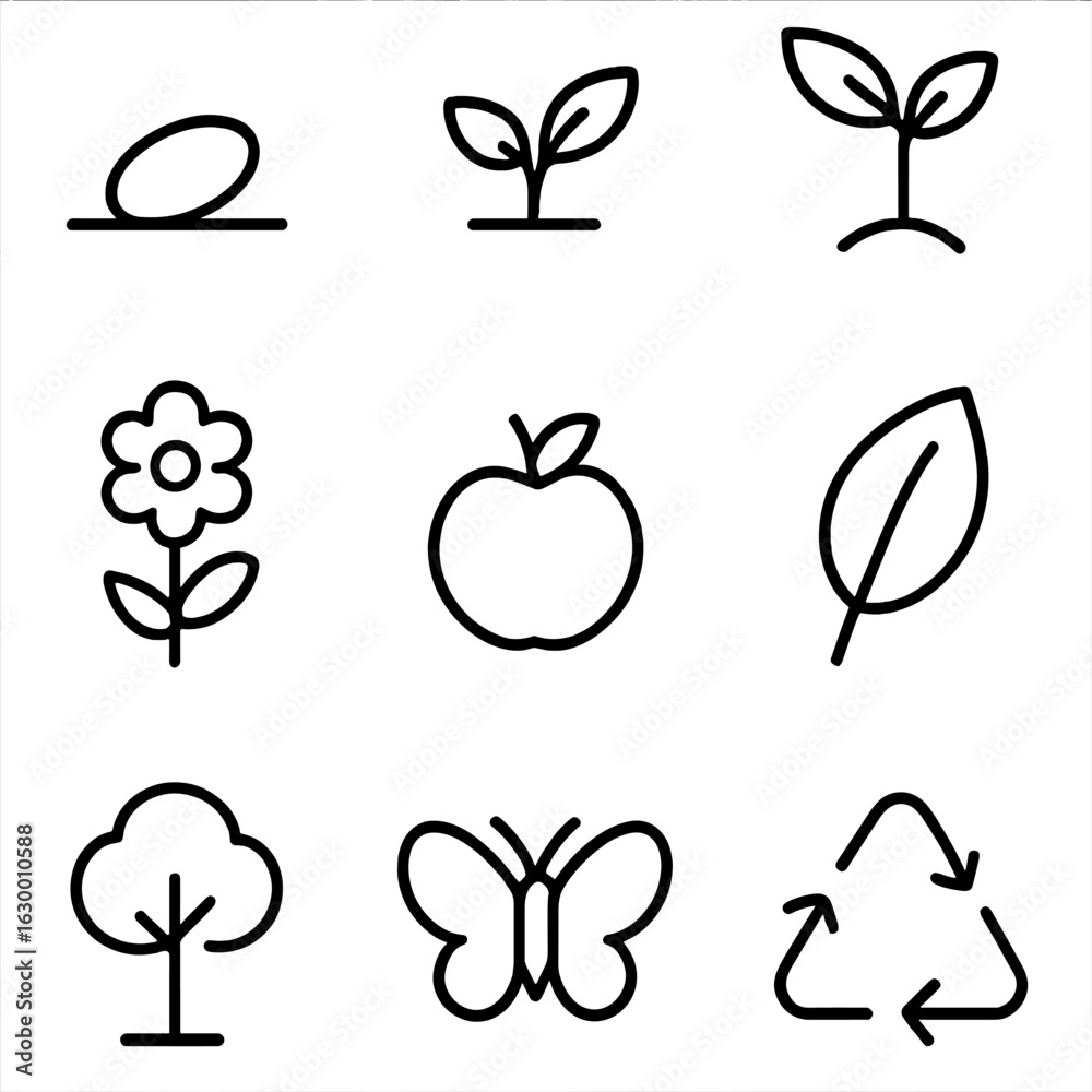 Life Cycle Icons. Outline icon set of life cycle: seed, sprout, plant ...