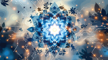 Poster - Beautiful digital mandala with floral and circuitry elements in modern abstract illustration.