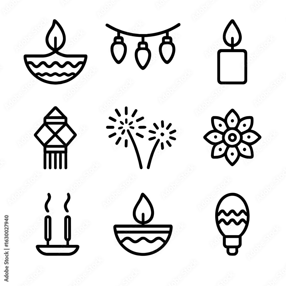 Diwali Festive Icon Set. Outline icon set of Diwali diyas and festival  lights: clay diya, string lights, Stock Vector | Adobe Stock, image size:1000x1000