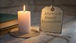 © Arina - Candle with Attention Needs Protection Tag on Rustic Table Background