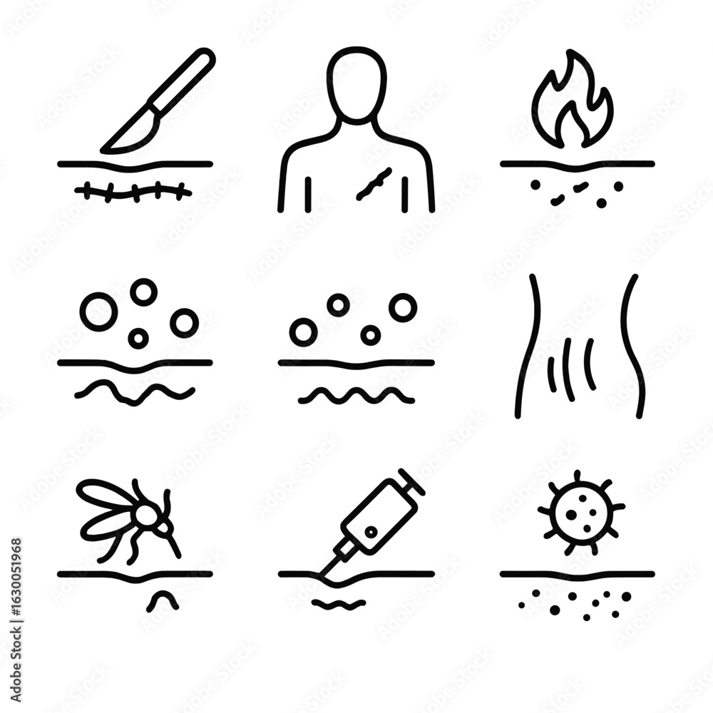 Scar Causes Icons. Outline icon set of scar causes: surgery, injury ...