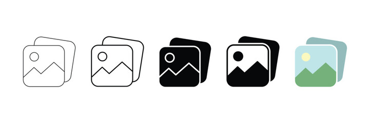 Stacked gallery icon set vector illustration with outline glyph flat color style for user interface photo album and image organizer.