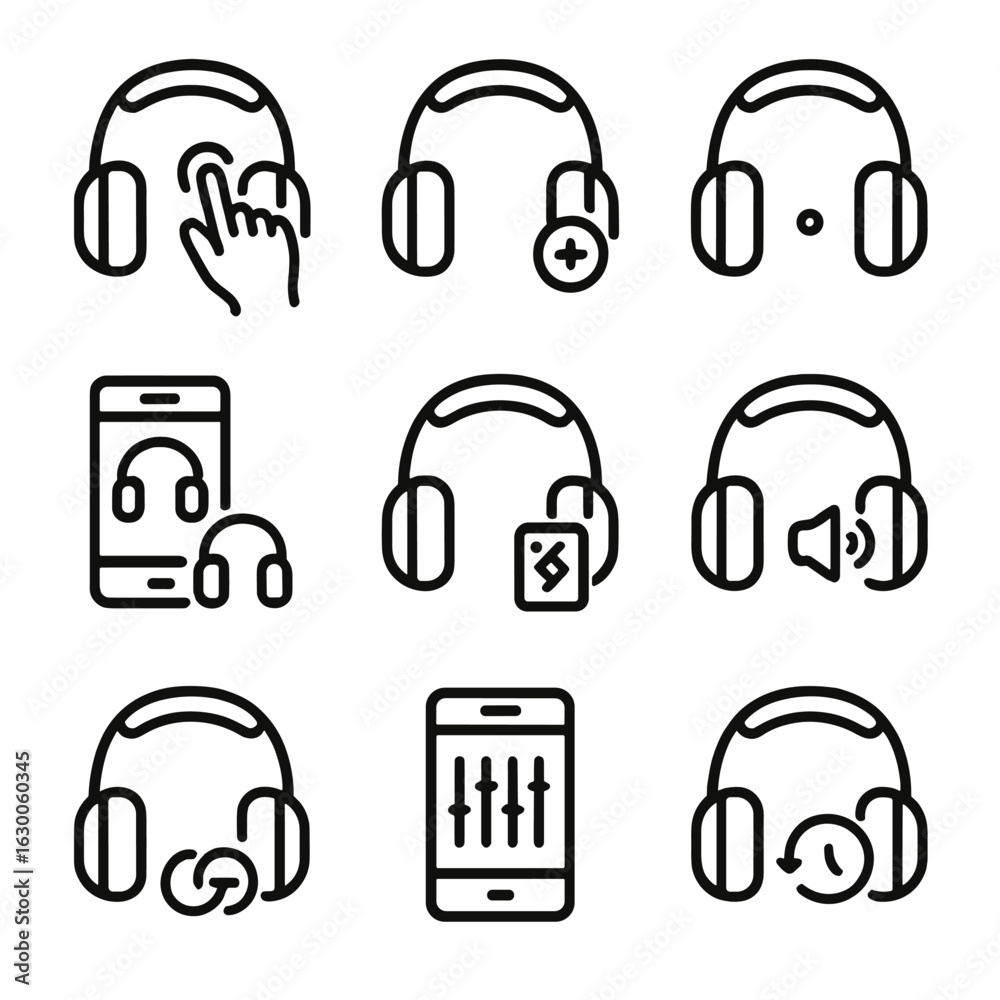 Headphone Interface Icons. Outline icon set of headphone user ...
