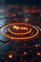 Poster - Futuristic glowing orange circles surround a central button displaying Big Win, vertical composition. This vibrant, technologically advanced composition is perfect for gaming or technology.