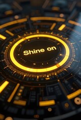 Poster - Golden light illuminates a futuristic circular interface, vertical composition. The vibrant glow enhances the intricate design and the words Shine On at the center.