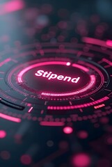 Poster - Abstract pink and black technological background features a glowing circular interface, vertical composition. The word Stipend is prominently displayed in the center.
