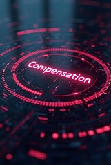 Poster - Abstract futuristic concept showcasing the word Compensation in glowing red neon, vertical composition. A circular technological design with intricate details.