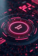 Poster - Vibrant pink neon lights illuminate a futuristic circular interface displaying a syntax error message, vertical composition. This high-resolution image features a compelling composition.