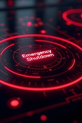 Poster - Red glowing circles form a futuristic interface, vertical composition. Emergency shutdown text is prominently displayed in the central area, creating a dramatic visual effect.