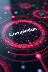 Poster - Vibrant red and black concentric circles create a futuristic visual effect, vertical composition. The word Completion is prominently displayed, suggesting progress and achievement.