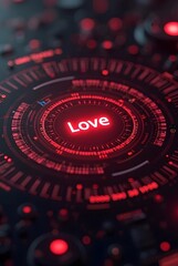 Poster - Red glowing futuristic interface displays the word Love in a central circle, vertical composition. This vibrant digital artwork features intricate concentric rings and bokeh effects.