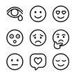 © Coosh448 - Emotion Icon Set. Outline icon set of emotion and response: eye with tear, smiling face, surprised eyes, heart eyes, crying face,