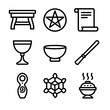© Влада Яковенко - Mystic Altar Icons. Outline icon set of mystic altar icons: altar table, pentacle disc, spell scroll, ritual cup, offering bowl,