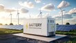© Design Stock - Modern renewable energy storage system featuring a large battery unit surrounded by solar panels and wind turbines under a bright sky