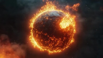 Wall Mural - Burning fiery planet with glowing lava surface and intense flames in dark cosmic space, creating dramatic sphere of heat and fire with powerful glowing flame and burning energy