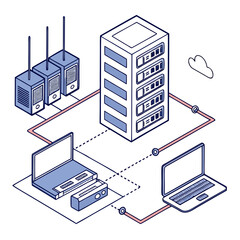 Vector art of isometric illustration of server network with computers isolated on white background