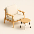 © Khairul - 3D rendered icon of a Japandi-style lounge chair and coffee table set