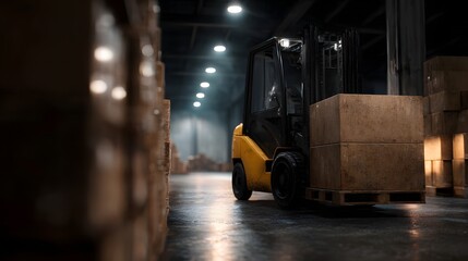 Poster - Forklift loading boxes in a dimly lit warehouse