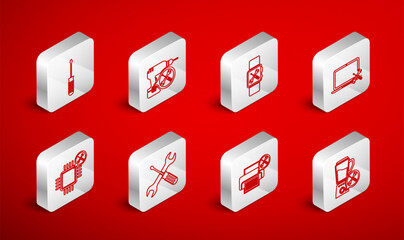 Poster - Set line Blender service, Drill machine, Smartwatch, Laptop, Printer, Screwdriver, Crossed screwdriver and wrench and Processor icon. Vector
