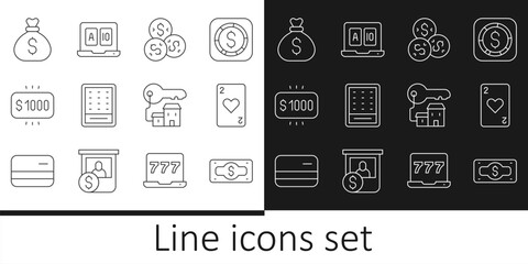 Poster - Set line Stacks paper money cash, Playing card with heart, Casino chip dollar, Lottery ticket, Money prize casino, bag, Winning house key and Online poker table game icon. Vector