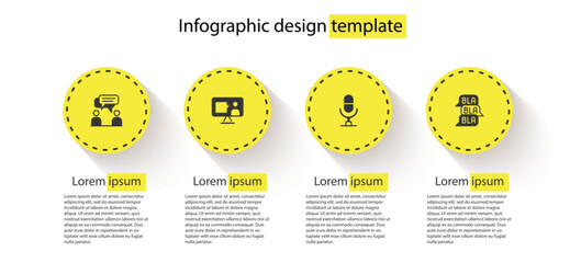 Poster - Set Two sitting men talking, Foreign language online study, Microphone voice device and Speech bubble chat. Business infographic template. Vector