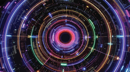 Poster - Dark Abstract Circular Interface with Neon Rings and Digital Elements background blue.