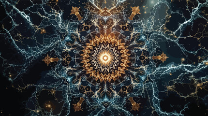 Poster - Symmetrical Golden and Blue Mandala with Electric Blue Lightning Background intricate.