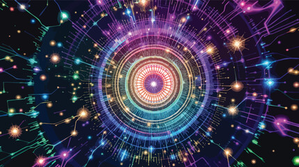 Poster - Vibrant Abstract Circular Network with Glowing Lines and Particles in Rainbow Hues background.