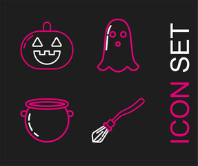 Wall Mural - Set line Witches broom, Halloween witch cauldron, Ghost and Pumpkin icon. Vector
