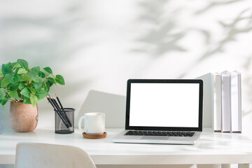 Wall Mural - Laptop with blank white screen on a minimalist desk, decorated with a potted plant.