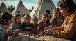 © ZaheerUDin - A group of girls sitting at a wooden table with tipis in the background outdoors during the daytime