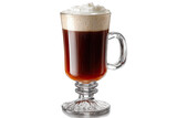 A glass of Irish coffee, topped with whipped cream.  Dark coffee is visible beneath the light cream.  The glass has a footed base and a handle