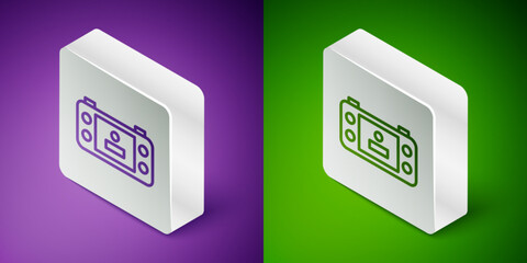 Poster - Isometric line Portable video game console icon isolated on purple and green background. Handheld console gaming. Silver square button. Vector