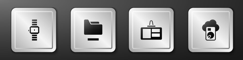 Poster - Set Wrist watch, Document folder, Identification badge and Cloud database icon. Silver square button. Vector