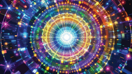 Poster - Geometric Abstract Tunnel with Radiant Light and Colorful Digital Patterns vector illustration.