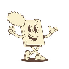 Wall Mural - Funny childish book cartoon character with empty signboard vector illustration. Comic minimalist textbook literature library mascot smiling walking with sign place for text