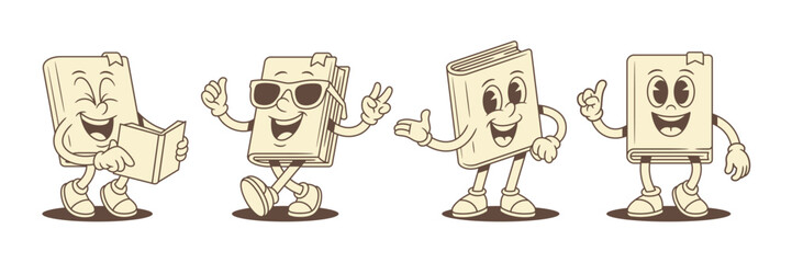 Wall Mural - Cheerful funny childish book cartoon character smiley set vector illustration. Comic cute minimalist textbook literature library mascot welcome reading summer sunglasses innovation idea