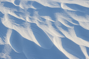 Wall Mural - Snow texture. Wind sculpted patterns on snow surface. Wind in the tundra and in the mountains on the surface of the snow sculpts patterns and ridges (sastrugi). Arctic, Polar region. Winter background