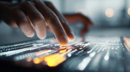 Close-up of a person's hand operating a digital touchscreen control panel with illuminated buttons and futuristic interface for technology interaction