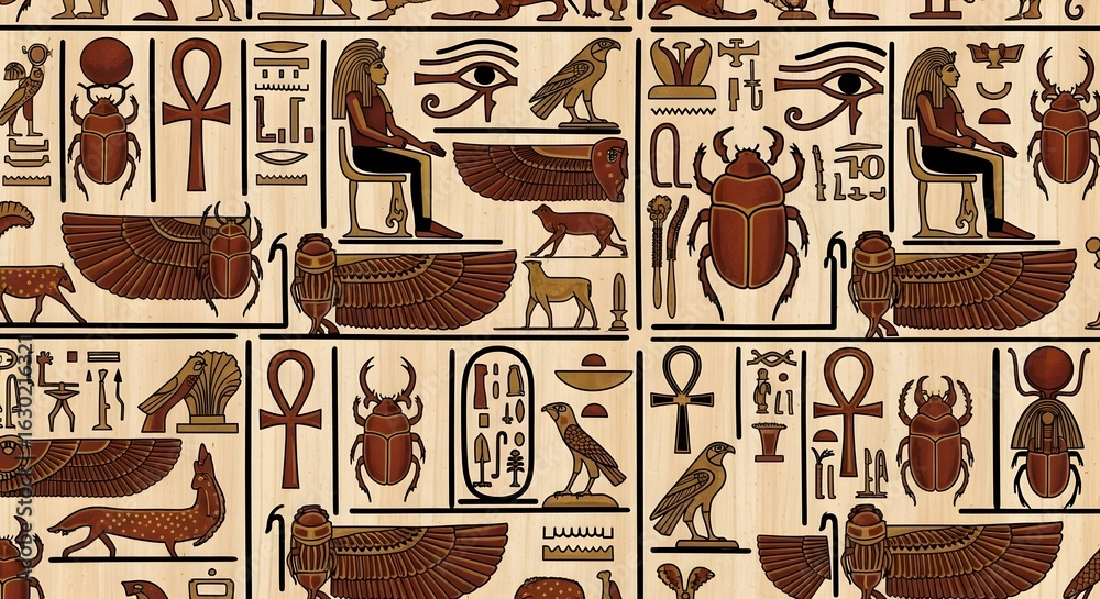 Discover ancient Egyptian hieroglyphs featuring pharaohs, scarab ...