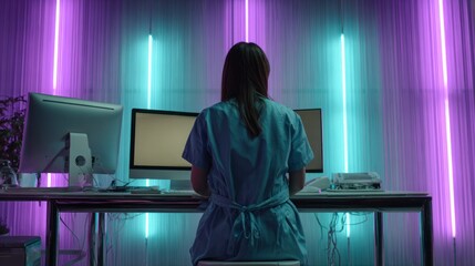 Wall Mural - Digital Sanctuary: A solitary individual engrossed in work at a desk, bathed in the neon glow of technology, suggesting the realms of modern life and data. 