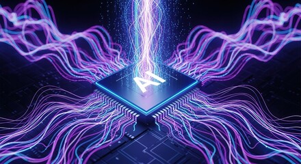 Bright, glowing streams connect to an artificial intelligence microchip against a dark, futuristic background