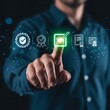 © InfiniteDesign - Man touching a screen with quality assurance and certification icons, symbolizing approval and standards