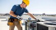 © Onisevens - Professional HVAC technician inspects and repairs rooftop air conditioning unit, ensuring optimal performance and reliable climate control on a sunny day.
