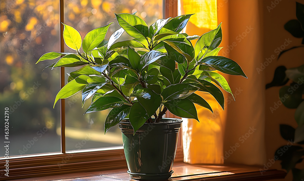 Lush Green Plant in a Dark Green Pot Illuminated by Sunlight Nea Stock ...